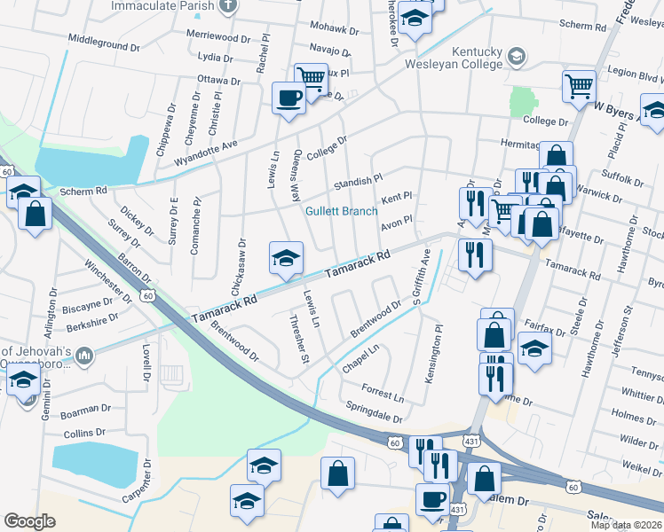 map of restaurants, bars, coffee shops, grocery stores, and more near 1612 Tamarack Road in Owensboro