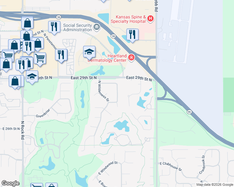 map of restaurants, bars, coffee shops, grocery stores, and more near 2903-2999 North Cypress Drive in Wichita