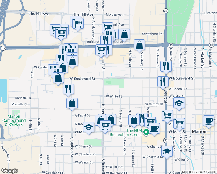 map of restaurants, bars, coffee shops, grocery stores, and more near 1214 West Goodall Street in Marion