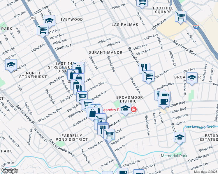 map of restaurants, bars, coffee shops, grocery stores, and more near 285 Breed Avenue in San Leandro