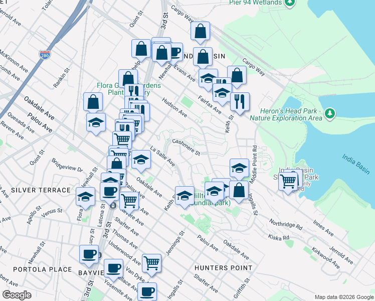 map of restaurants, bars, coffee shops, grocery stores, and more near 3 Mabrey Court in San Francisco
