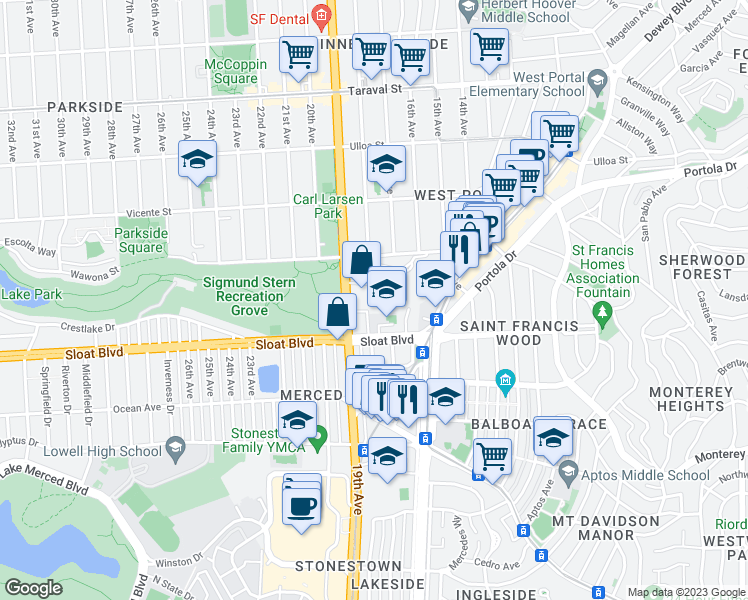map of restaurants, bars, coffee shops, grocery stores, and more near 200 Sloat Boulevard in San Francisco