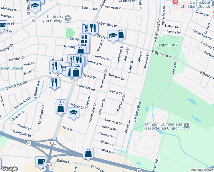 map of restaurants, bars, coffee shops, grocery stores, and more near 331 Byron Court in Owensboro