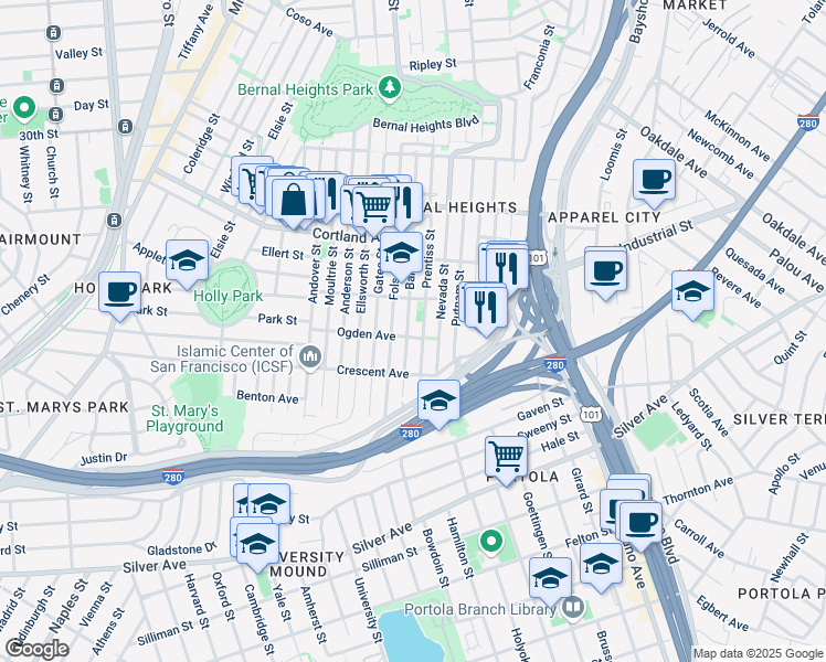 map of restaurants, bars, coffee shops, grocery stores, and more near 587 Banks Street in San Francisco