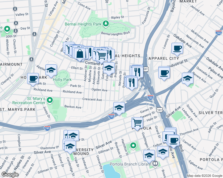map of restaurants, bars, coffee shops, grocery stores, and more near 587 Banks Street in San Francisco