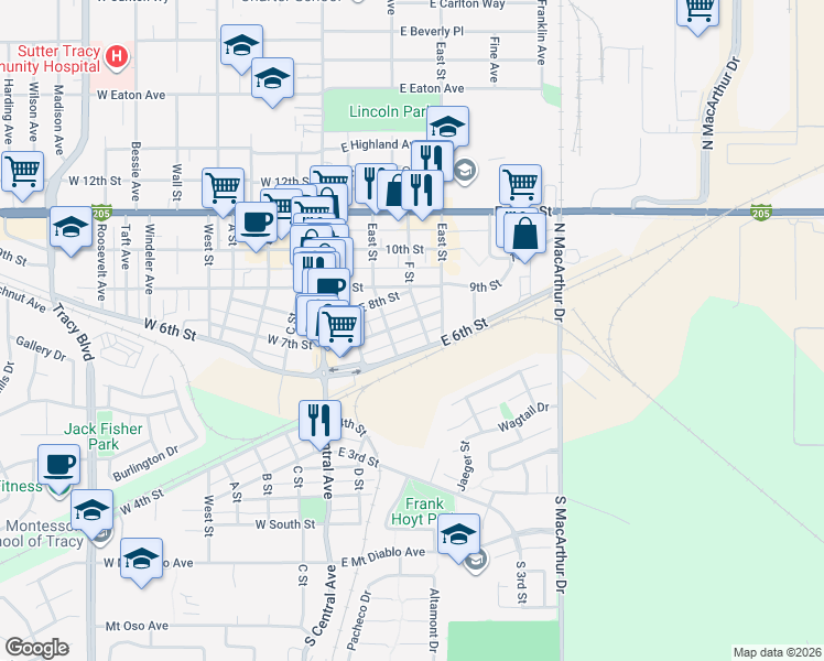 map of restaurants, bars, coffee shops, grocery stores, and more near 131 East 6th Street in Tracy