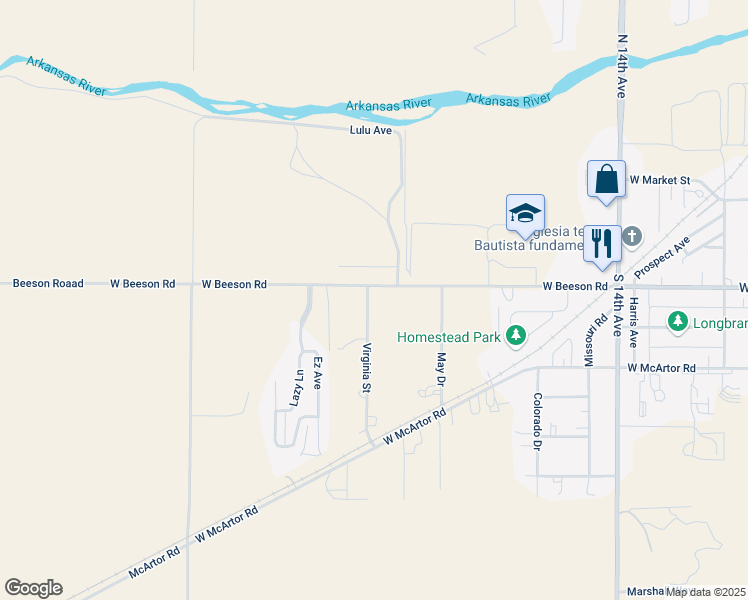 map of restaurants, bars, coffee shops, grocery stores, and more near 901-1025 Virginia St in Dodge City
