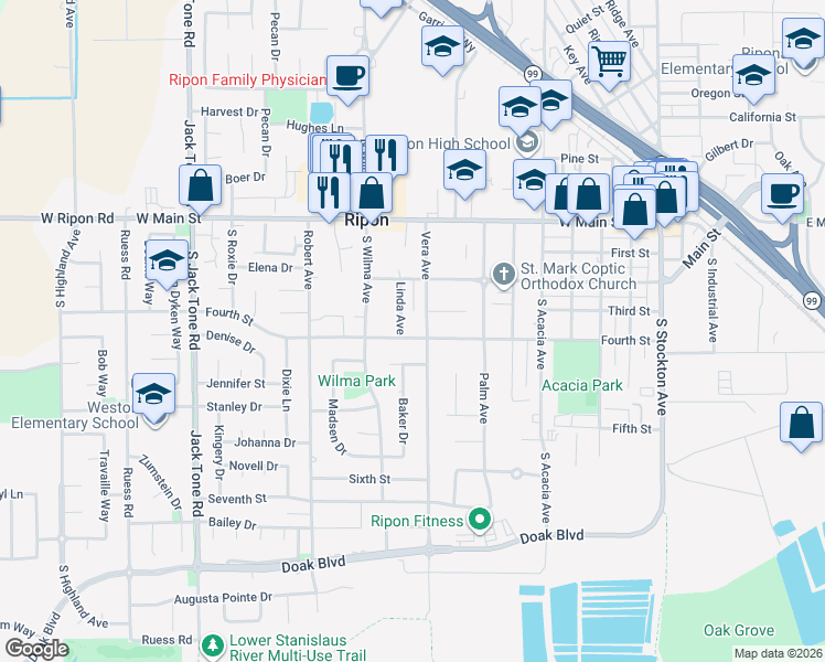 map of restaurants, bars, coffee shops, grocery stores, and more near 930 Fourth Street in Ripon