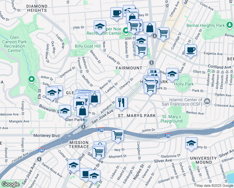 map of restaurants, bars, coffee shops, grocery stores, and more near 415 Arlington Street in San Francisco