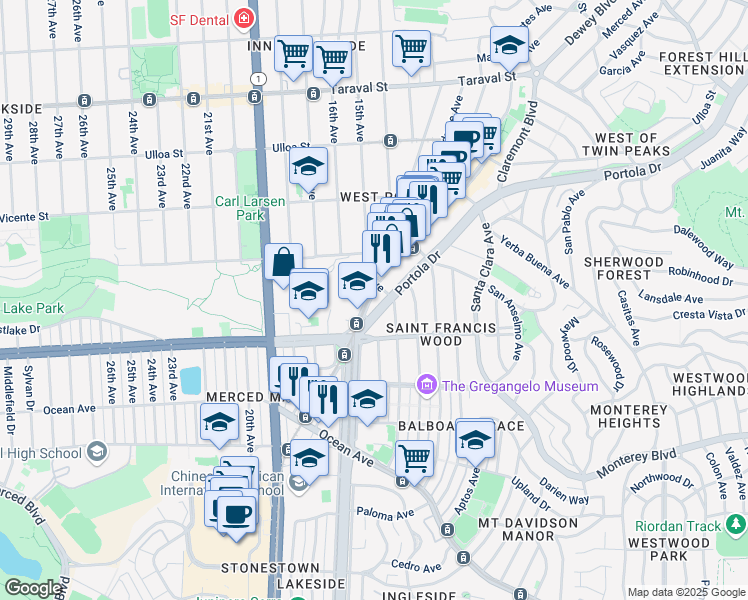 map of restaurants, bars, coffee shops, grocery stores, and more near 435 West Portal Avenue in San Francisco