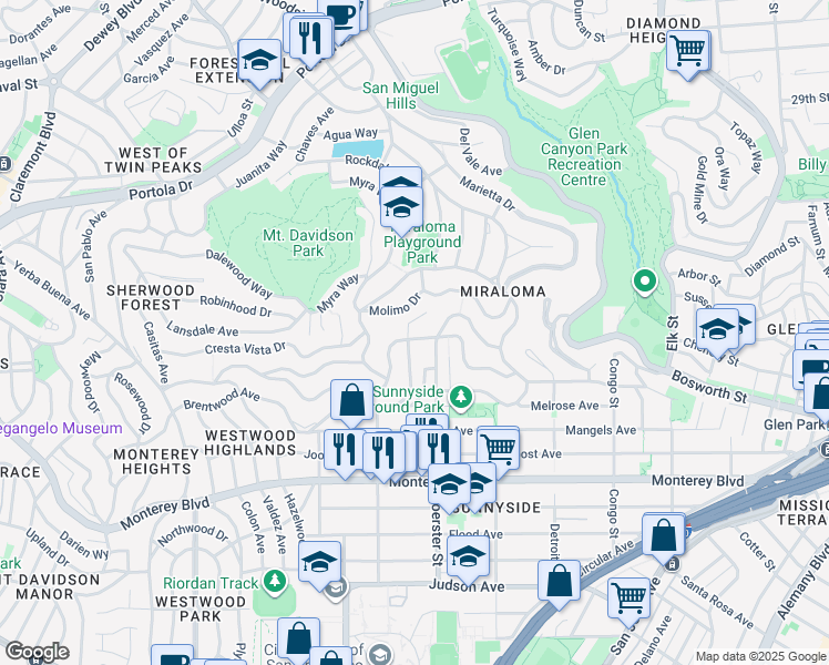 map of restaurants, bars, coffee shops, grocery stores, and more near 265 Los Palmos Drive in San Francisco