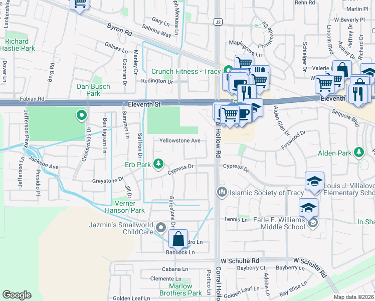 map of restaurants, bars, coffee shops, grocery stores, and more near 2107 Shenandoah Drive in Tracy