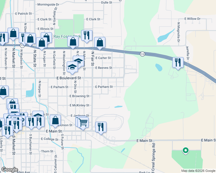 map of restaurants, bars, coffee shops, grocery stores, and more near 704 North Taft Street in Marion