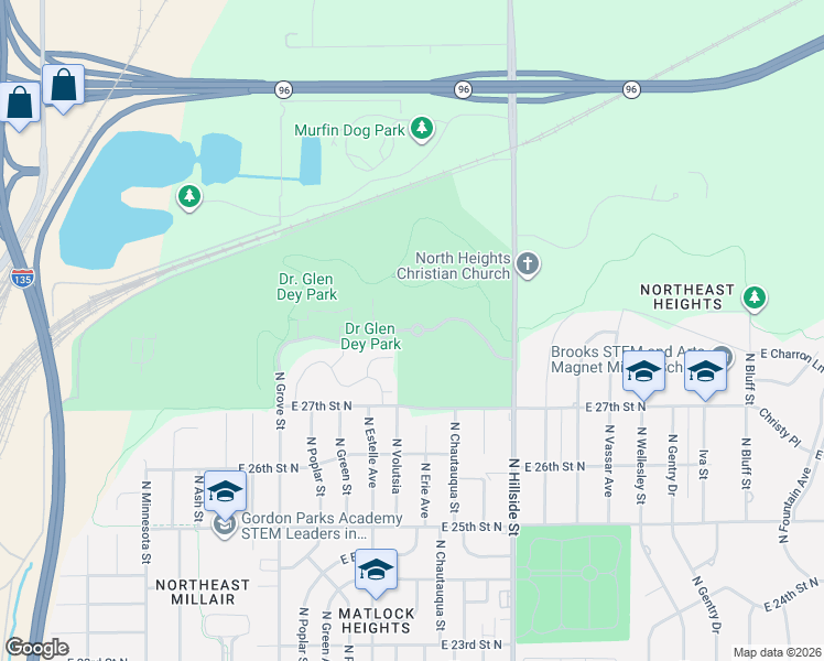 map of restaurants, bars, coffee shops, grocery stores, and more near 4954 North Grove Street in Wichita