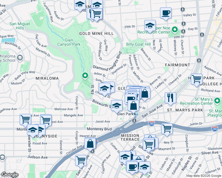 map of restaurants, bars, coffee shops, grocery stores, and more near 930 Chenery Street in San Francisco