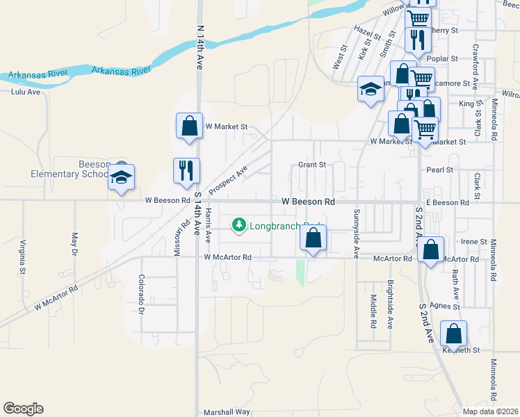 map of restaurants, bars, coffee shops, grocery stores, and more near 1106 Longbranch Road in Dodge City