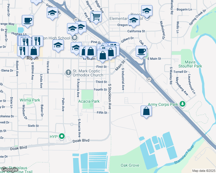 map of restaurants, bars, coffee shops, grocery stores, and more near 300 South Stockton Avenue in Ripon