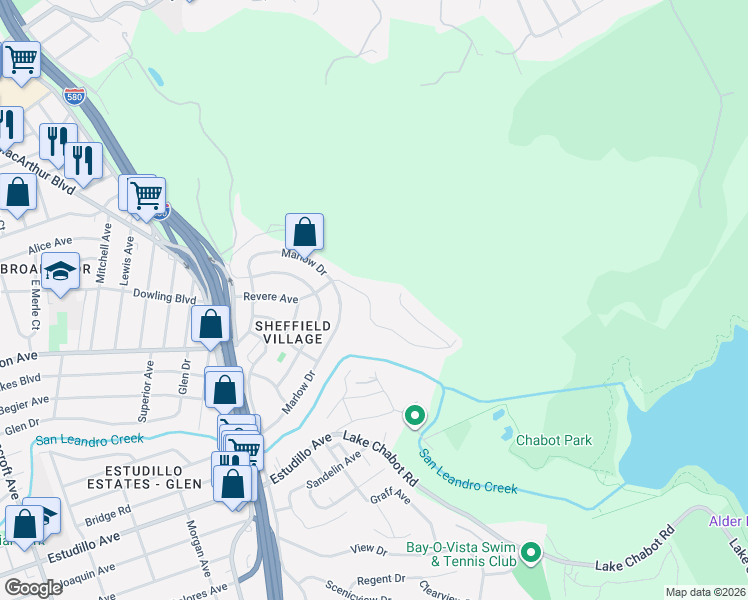 map of restaurants, bars, coffee shops, grocery stores, and more near 3325 Revere Avenue in Oakland