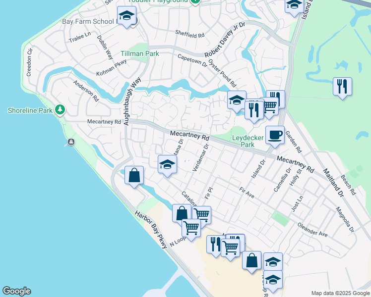 map of restaurants, bars, coffee shops, grocery stores, and more near 1044 Fontana Drive in Alameda