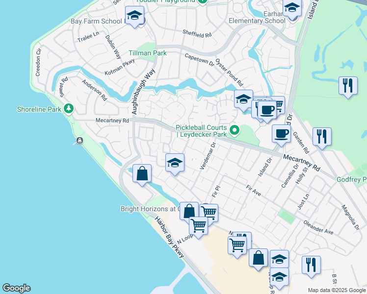 map of restaurants, bars, coffee shops, grocery stores, and more near 1044 Fontana Drive in Alameda