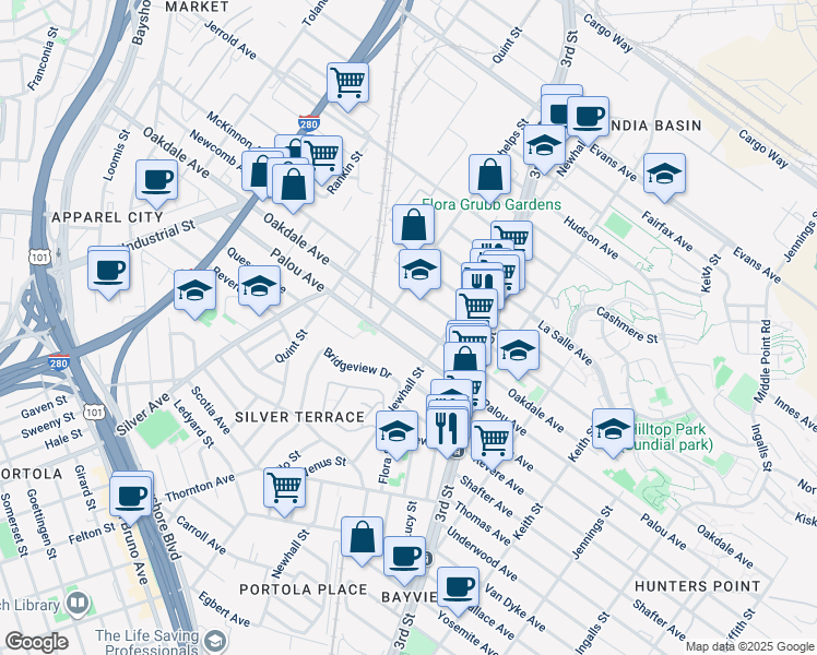 map of restaurants, bars, coffee shops, grocery stores, and more near 1755 Palou Avenue in San Francisco