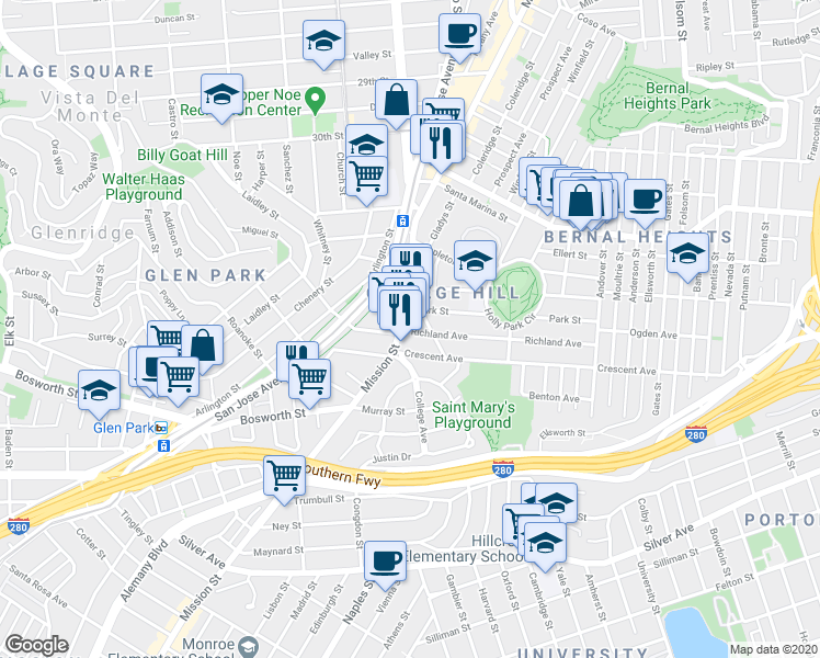 map of restaurants, bars, coffee shops, grocery stores, and more near in San Francisco