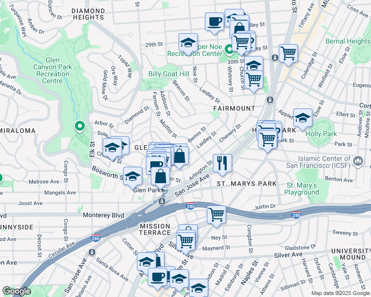 map of restaurants, bars, coffee shops, grocery stores, and more near 545 Laidley Street in San Francisco