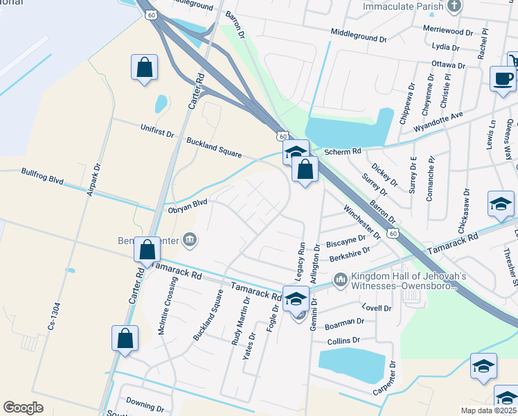 map of restaurants, bars, coffee shops, grocery stores, and more near 2435 Obryan Boulevard in Owensboro
