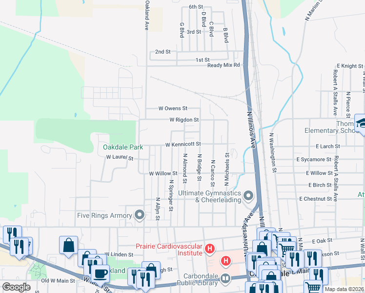 map of restaurants, bars, coffee shops, grocery stores, and more near 930 North Almond Street in Carbondale
