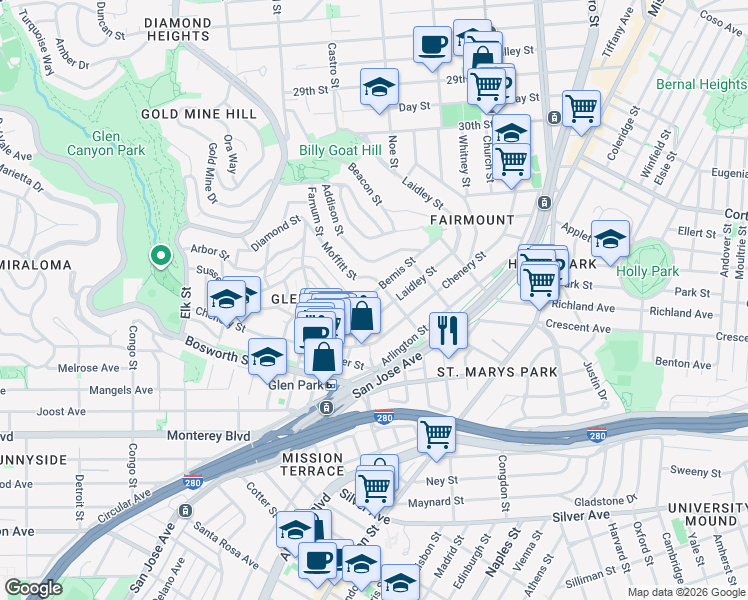map of restaurants, bars, coffee shops, grocery stores, and more near 545 Laidley Street in San Francisco