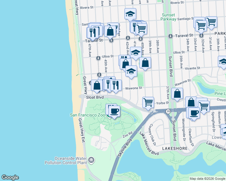map of restaurants, bars, coffee shops, grocery stores, and more near 2560 Sloat Boulevard in San Francisco