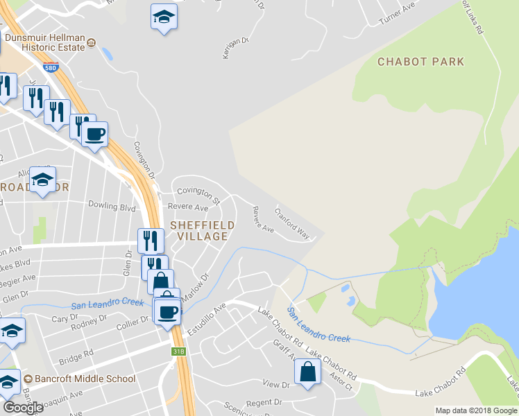 map of restaurants, bars, coffee shops, grocery stores, and more near 3247 Revere Avenue in Oakland