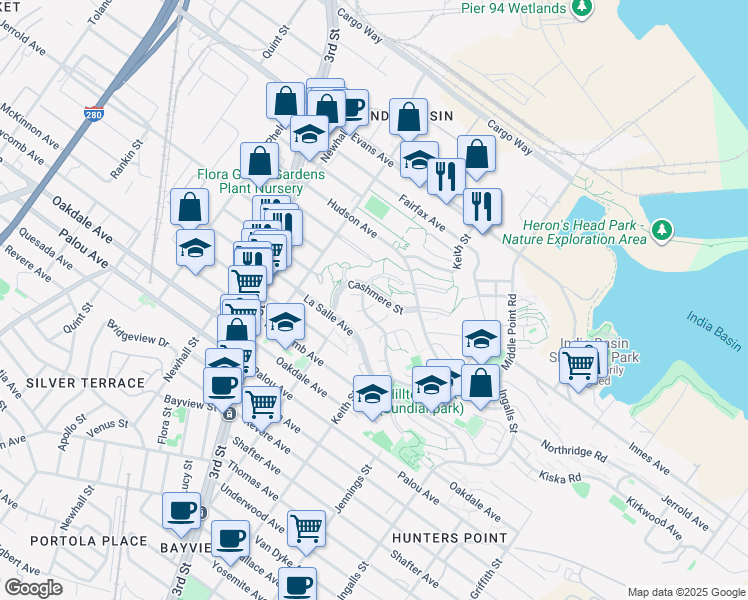map of restaurants, bars, coffee shops, grocery stores, and more near 14 Hillview Court in San Francisco