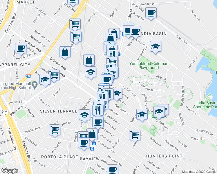 map of restaurants, bars, coffee shops, grocery stores, and more near 4616 3rd St in San Francisco