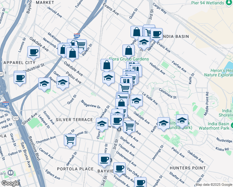 map of restaurants, bars, coffee shops, grocery stores, and more near 1711 Oakdale Avenue in San Francisco