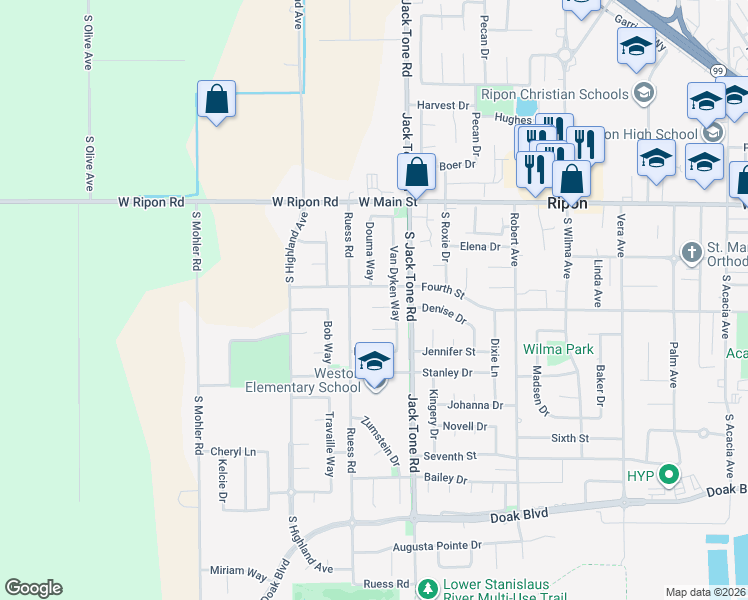 map of restaurants, bars, coffee shops, grocery stores, and more near 1629 Dickey Court in Ripon