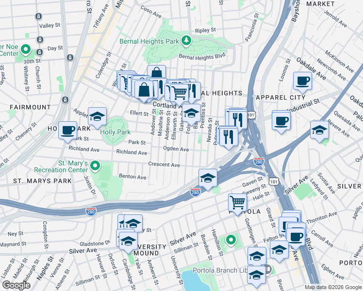 map of restaurants, bars, coffee shops, grocery stores, and more near in San Francisco