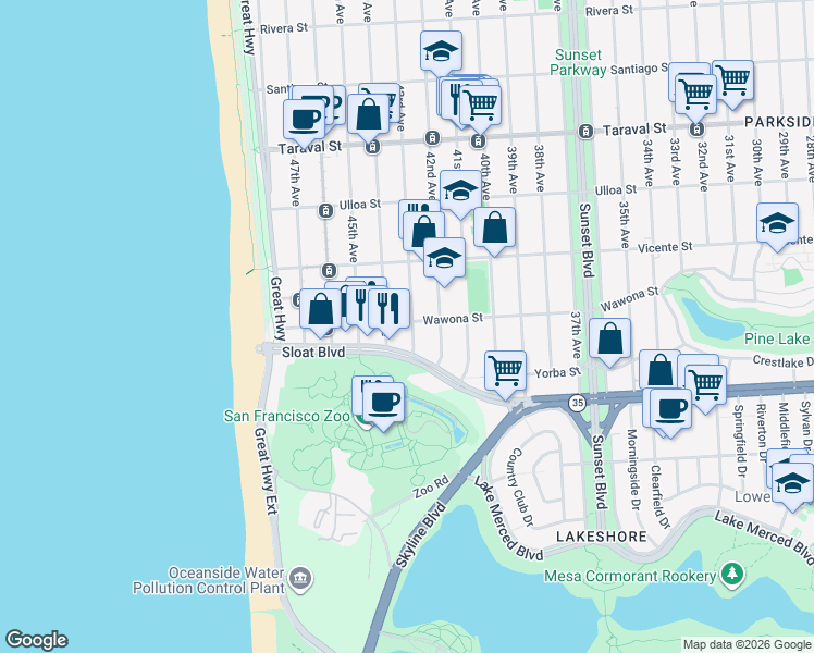 map of restaurants, bars, coffee shops, grocery stores, and more near 2701 43rd Avenue in San Francisco