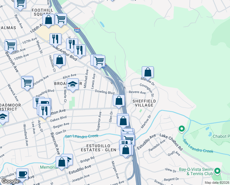 map of restaurants, bars, coffee shops, grocery stores, and more near 951 MacArthur Boulevard in San Leandro