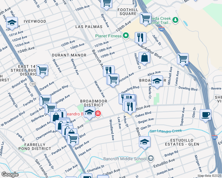 map of restaurants, bars, coffee shops, grocery stores, and more near 540 Dowling Boulevard in San Leandro