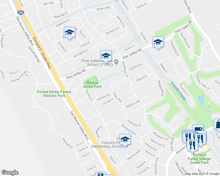 map of restaurants, bars, coffee shops, grocery stores, and more near 9695 Ashby Way in San Ramon