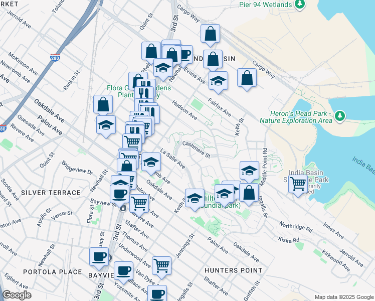 map of restaurants, bars, coffee shops, grocery stores, and more near 14 Youngs Court in San Francisco