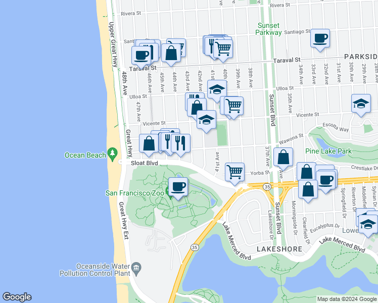 map of restaurants, bars, coffee shops, grocery stores, and more near 2701 43rd Avenue in San Francisco
