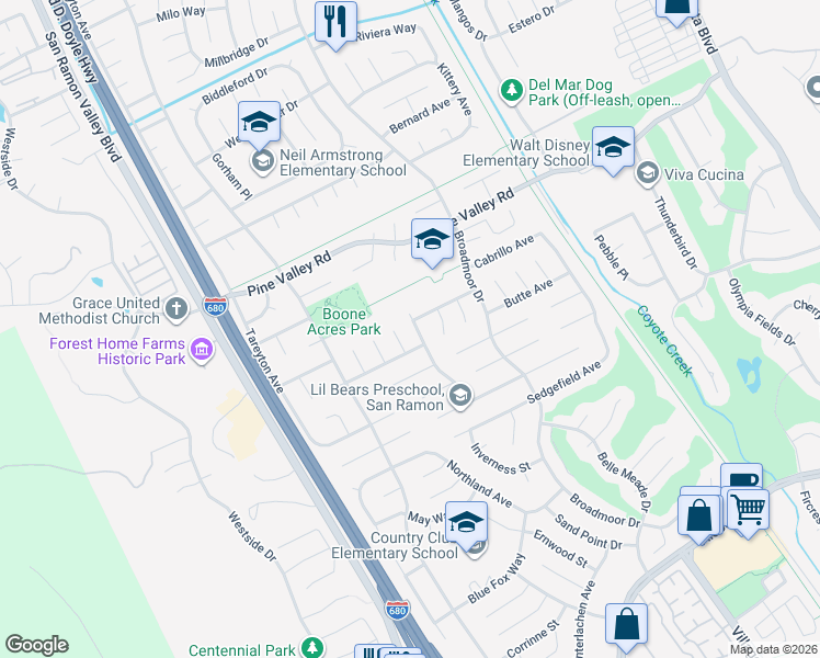 map of restaurants, bars, coffee shops, grocery stores, and more near 9695 Ashby Way in San Ramon