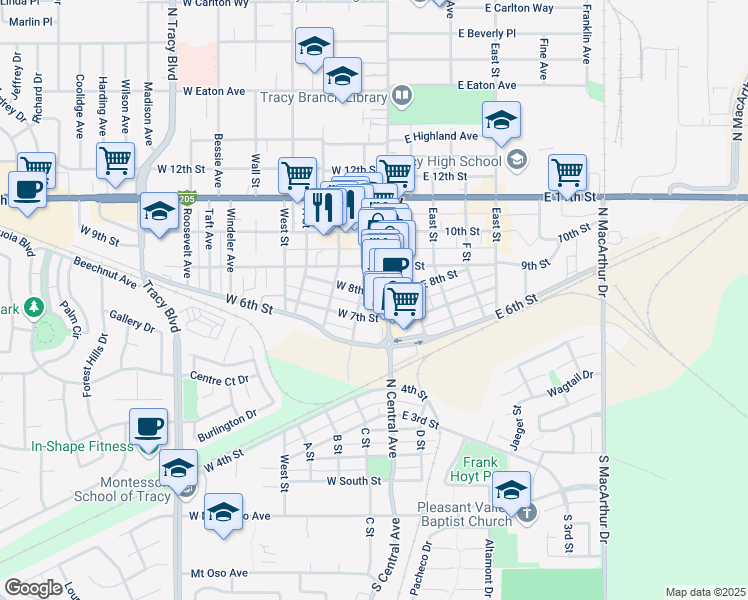 map of restaurants, bars, coffee shops, grocery stores, and more near 32 West 7th Street in Tracy