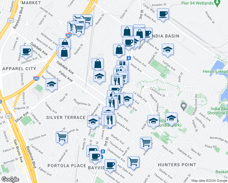map of restaurants, bars, coffee shops, grocery stores, and more near in San Francisco