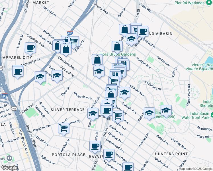 map of restaurants, bars, coffee shops, grocery stores, and more near 1711 Oakdale Avenue in San Francisco