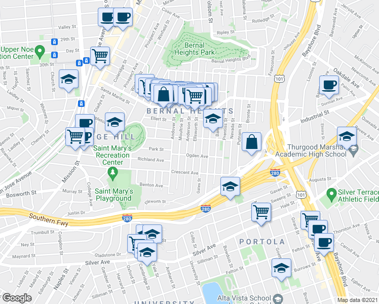 map of restaurants, bars, coffee shops, grocery stores, and more near 632 Ellsworth Street in San Francisco