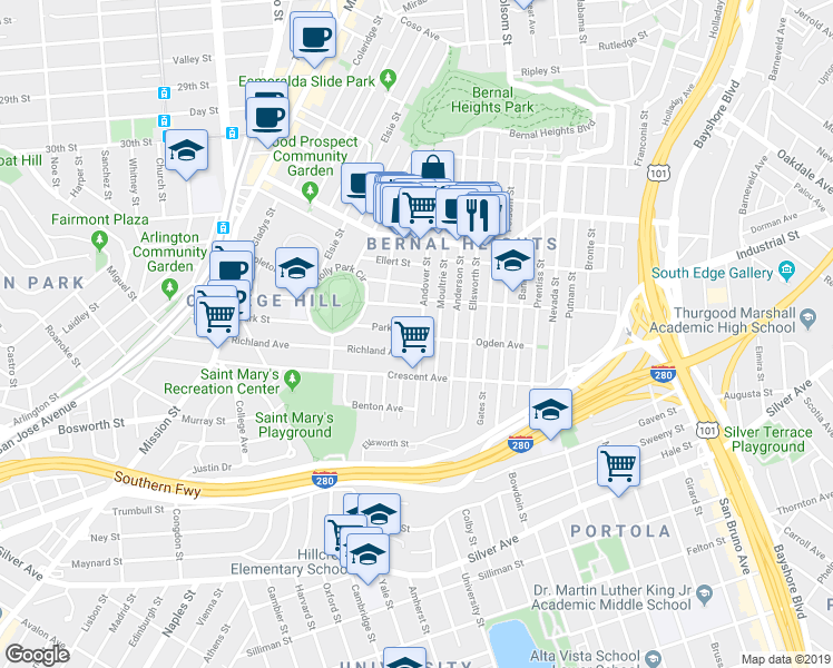 map of restaurants, bars, coffee shops, grocery stores, and more near 643 Andover Street in San Francisco