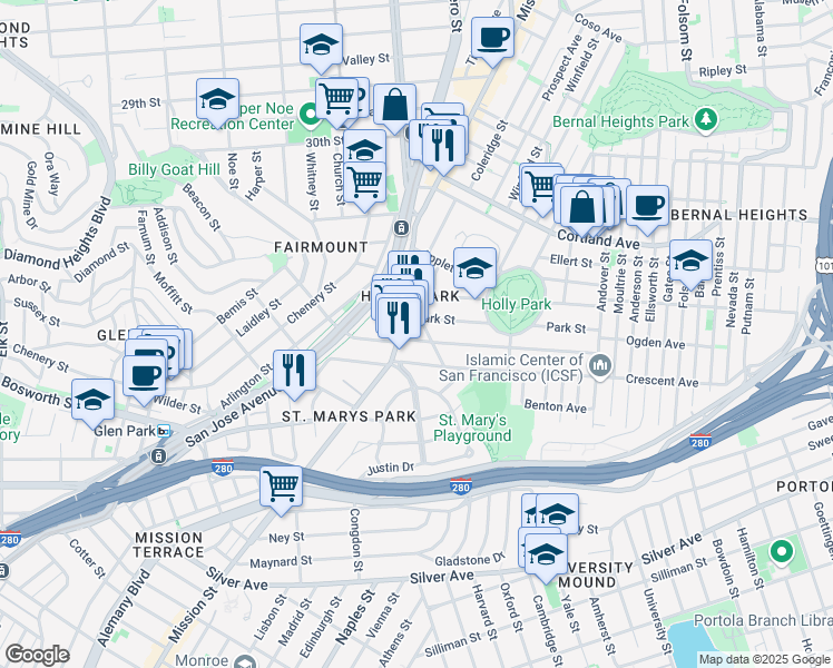 map of restaurants, bars, coffee shops, grocery stores, and more near 27 Crescent Avenue in San Francisco